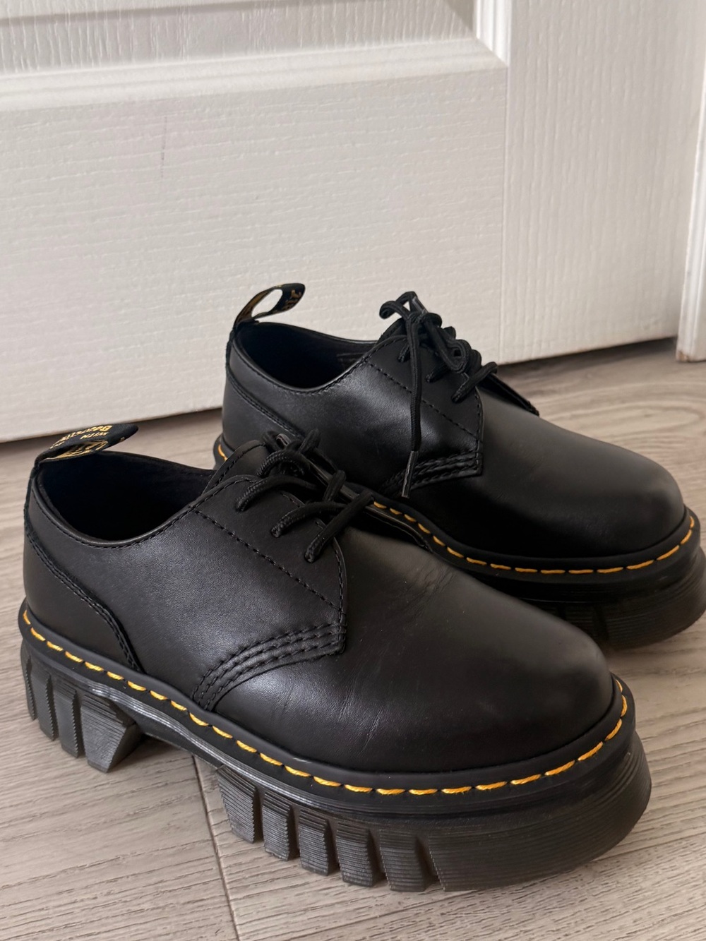 Dr. Martens Black Leather Lace-Up Shoes with Yellow Stitching